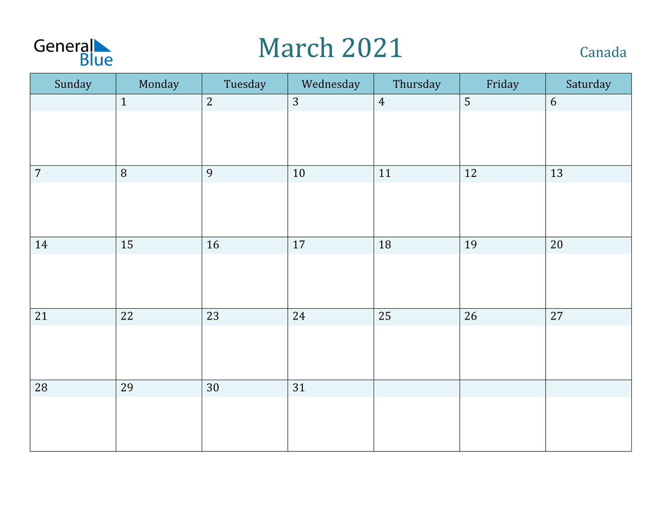 march 2021 calendar canada