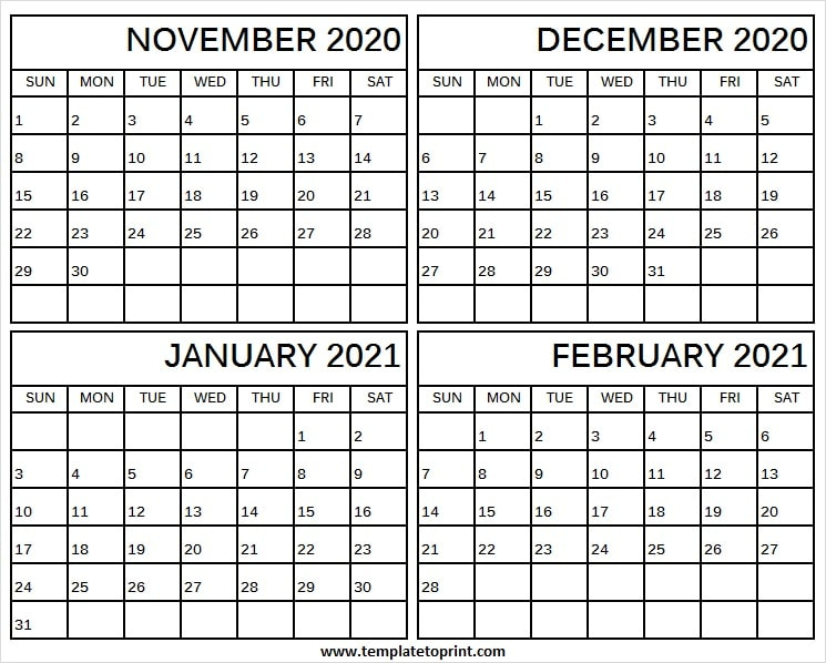 Monthly Calendar 2020 November To 2021 February To Do List