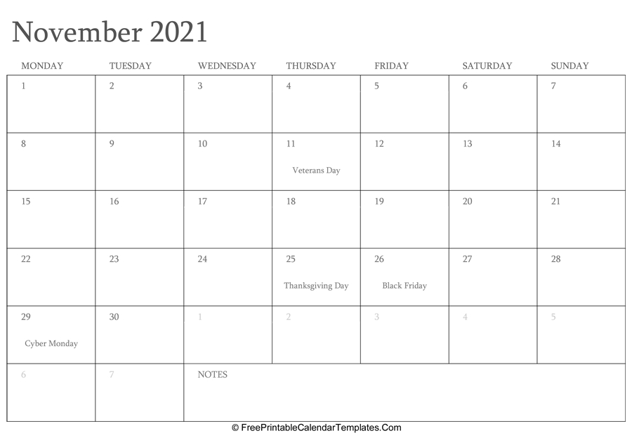 November 2021 Editable Calendar With Holidays And Notes