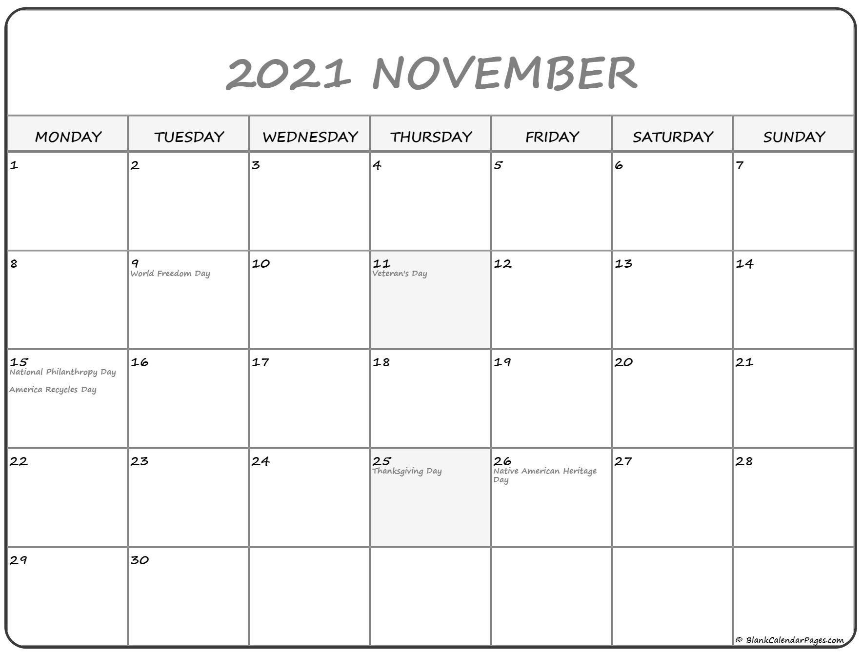 November 2021 Monday Calendar Monday To Sunday