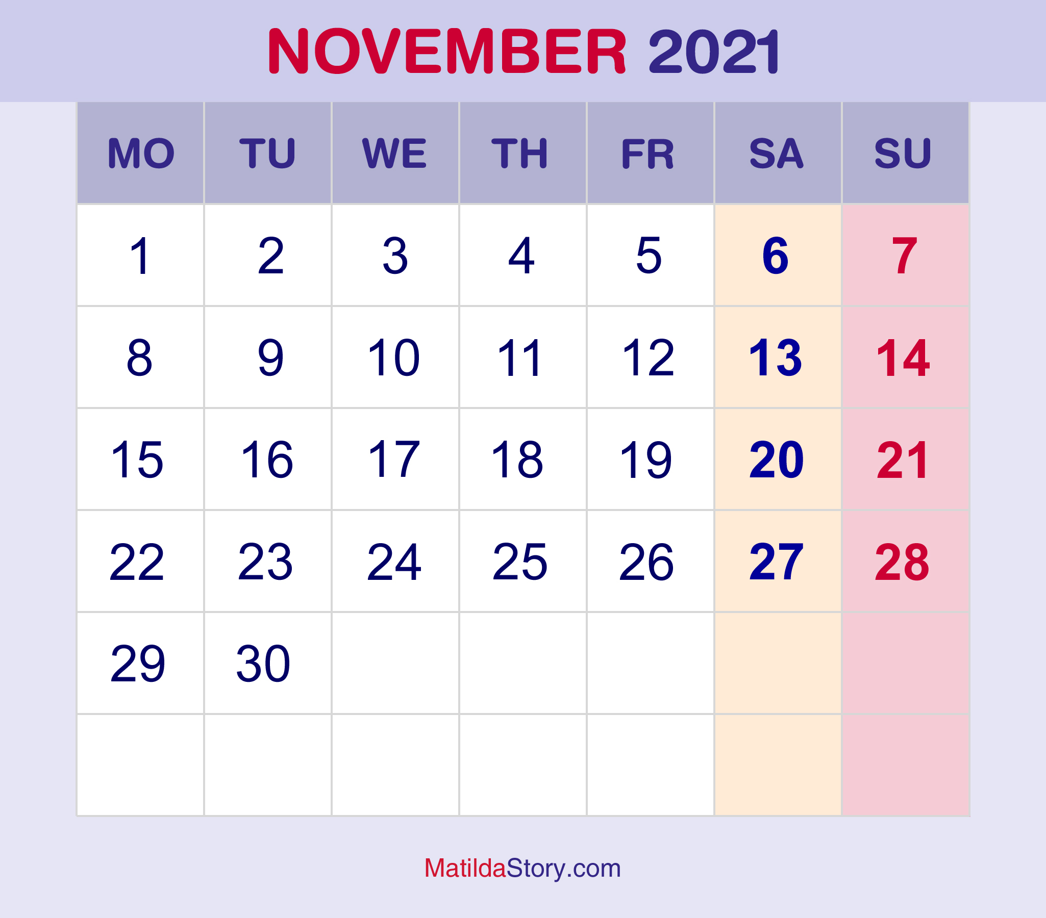 November 2021 Monthly Calendar Monthly Planner Printable