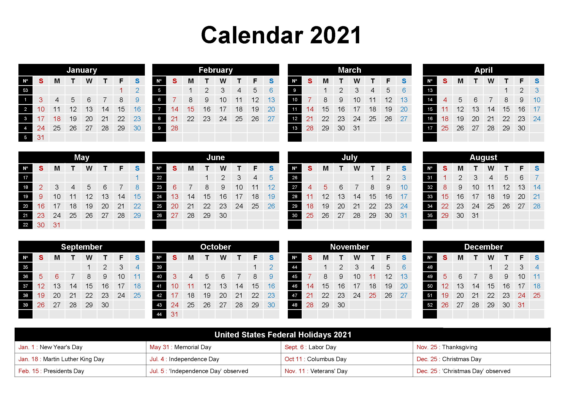 One Page 2021 Calendar Printable Calendar 2021