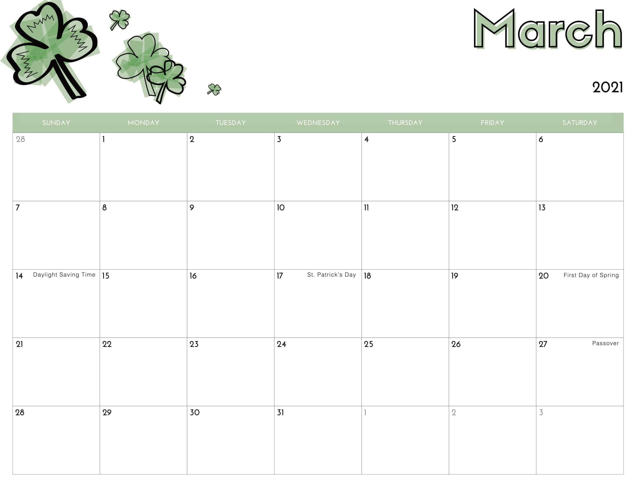 printable cute march 2021 calendar template images set 1