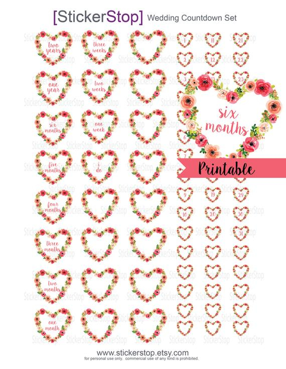 Printable Wedding Countdown Watercolor Heart Instant