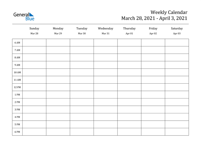 Weekly Calendar March 28 2021 To April 3 2021 Pdf