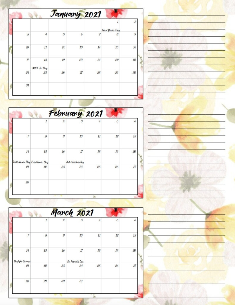1st Quarter Calendar 2021 Month Calendar Printable