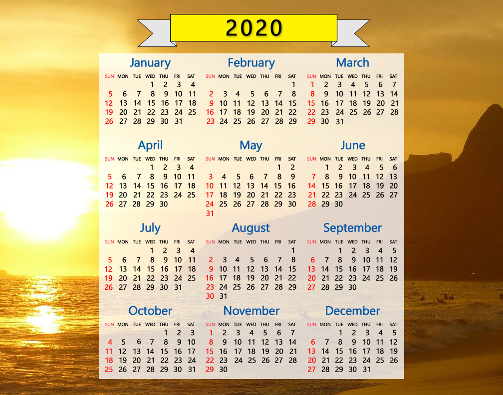 2020 calendar ocean seashore sunset sunrise