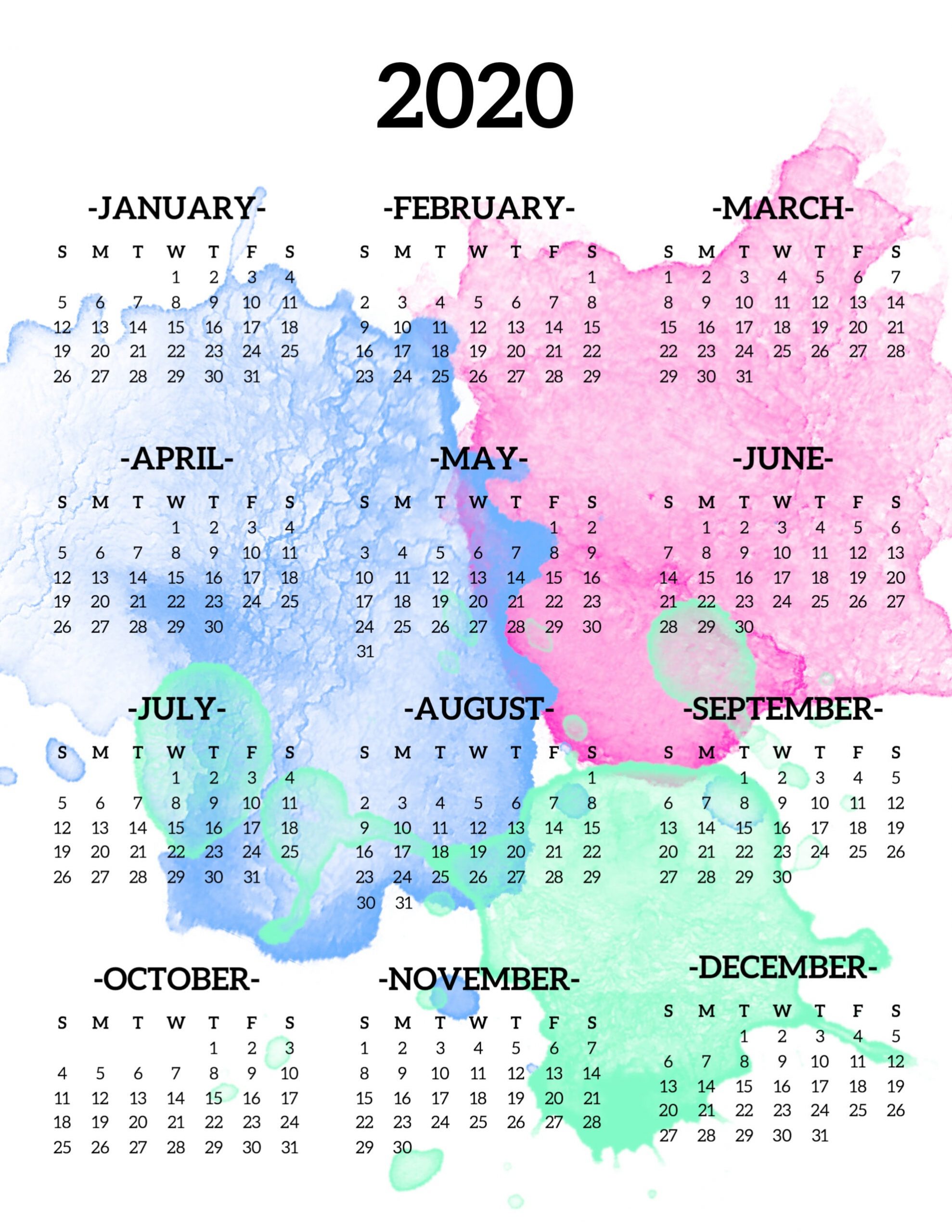 2020 Printable Calendar One Page Watercolor Calendar