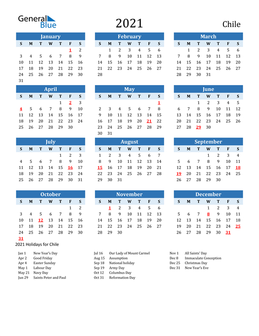 2021 Calendar Chile With Holidays