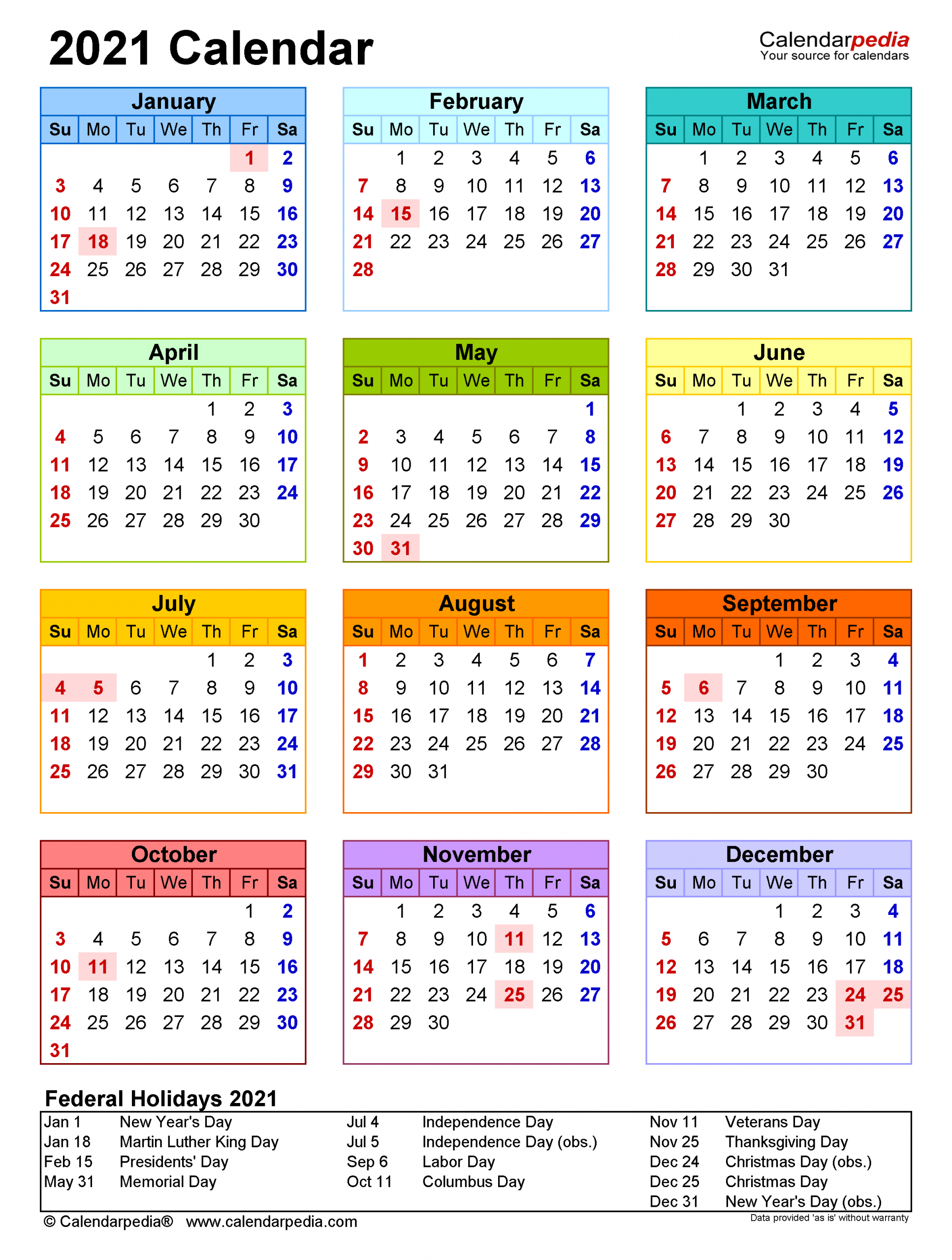2021 Calendar Holidays And Observances Printable