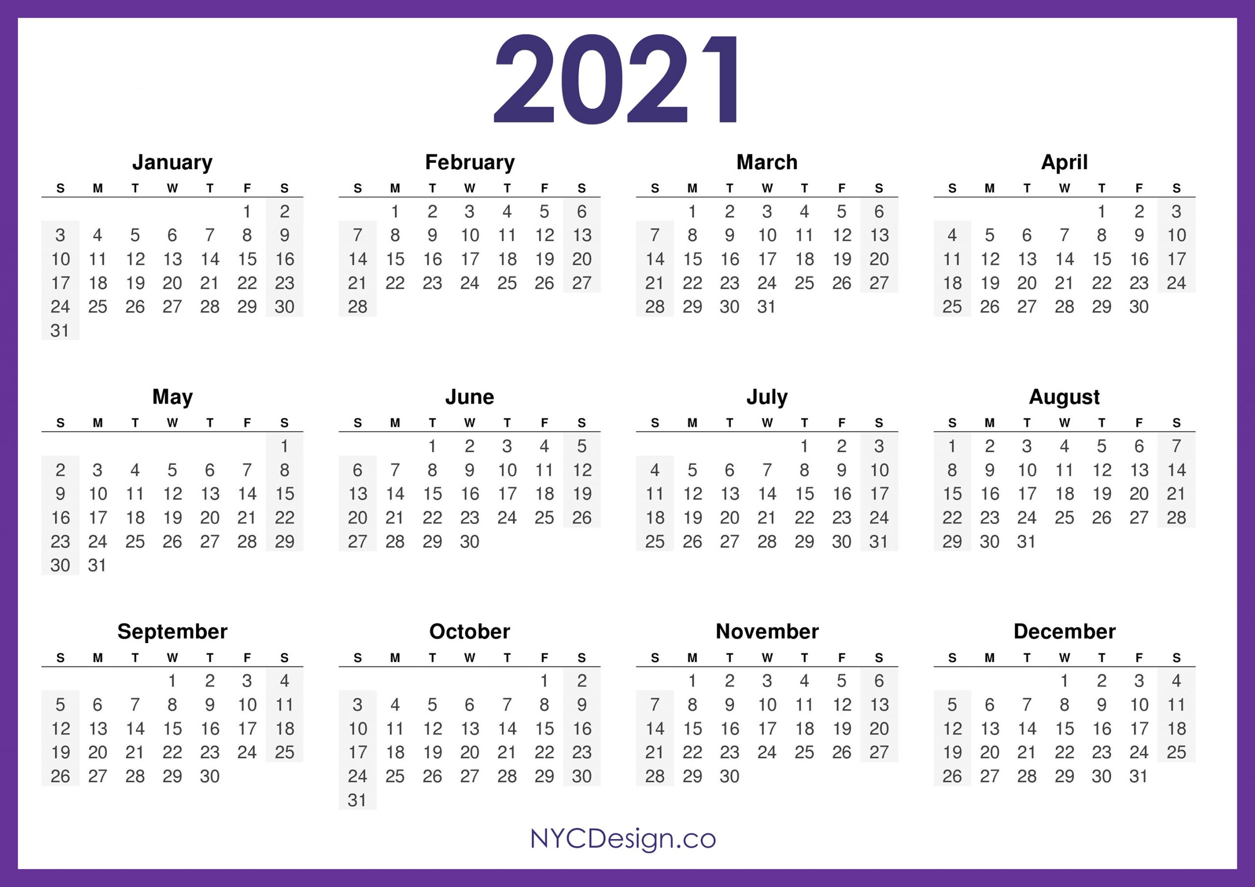 2021 Calendar Printable Free Horizontal Purple Hd