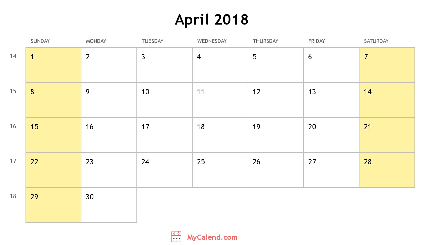 April 2018 Calendar With Holidays Monthly Printable Calendar