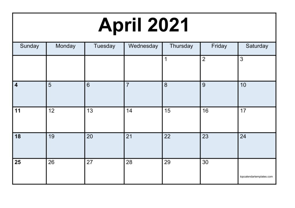 Blank April 2021 Calendar Template Monthly Planner