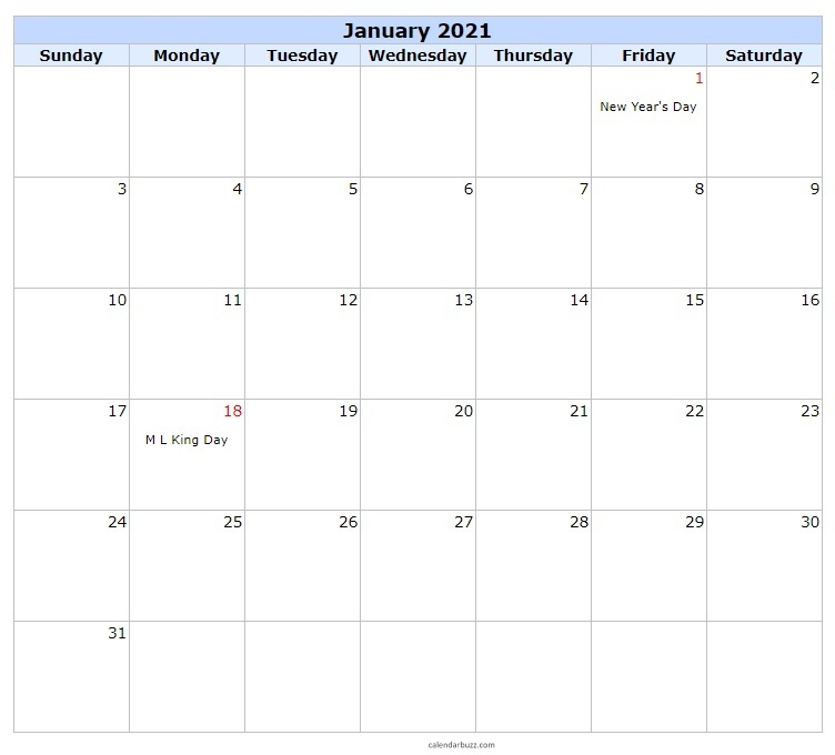 Blank January 2021 Calendar Printable Free Download