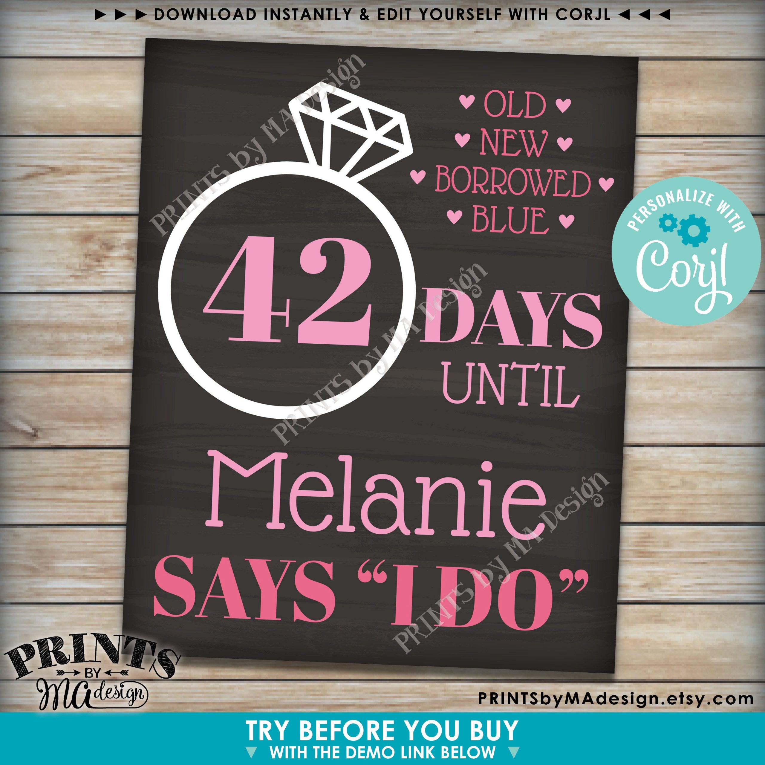 Bridal Shower Countdown Sign Days Until She Says I Do