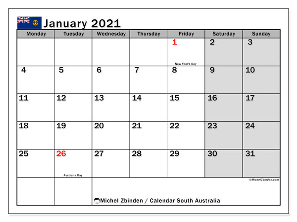 Calendar January 2021 South Australia Michel Zbinden En