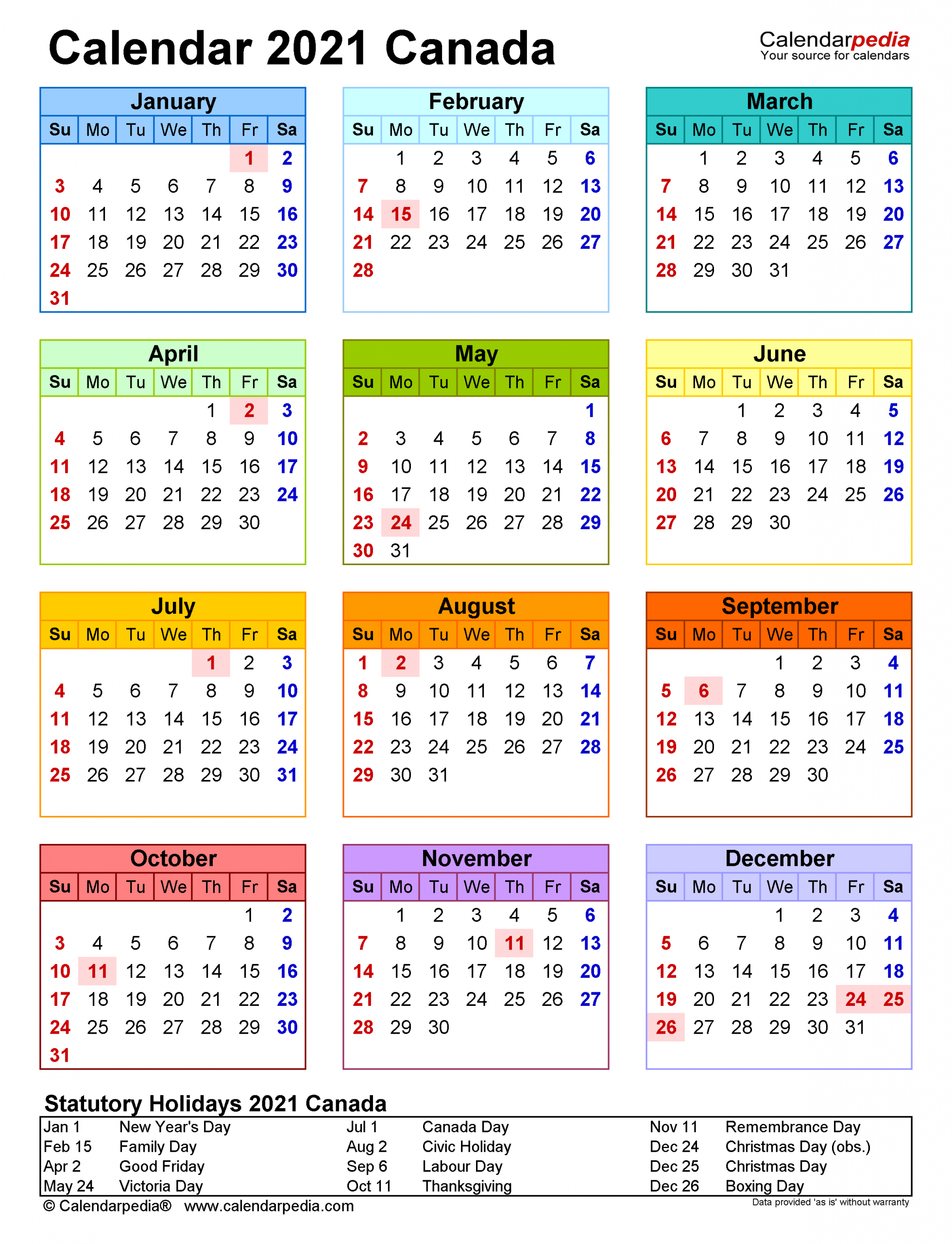 Canada Calendar 2021 Printable With Holidays Free 2021