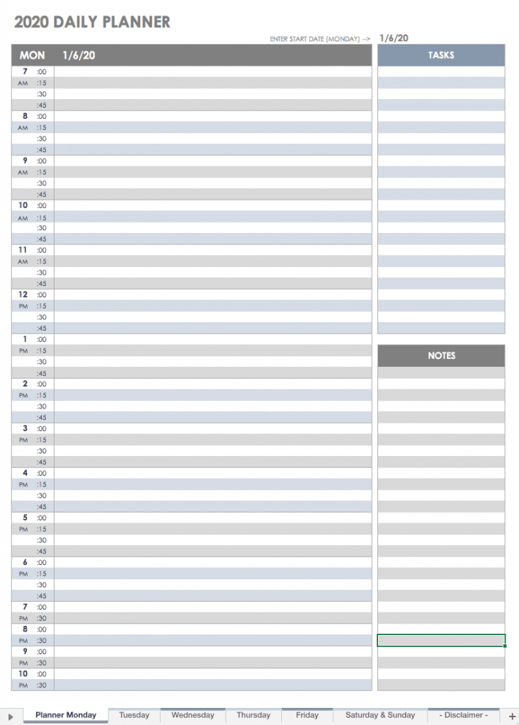 daily calendar showing the hours calendar template 2020