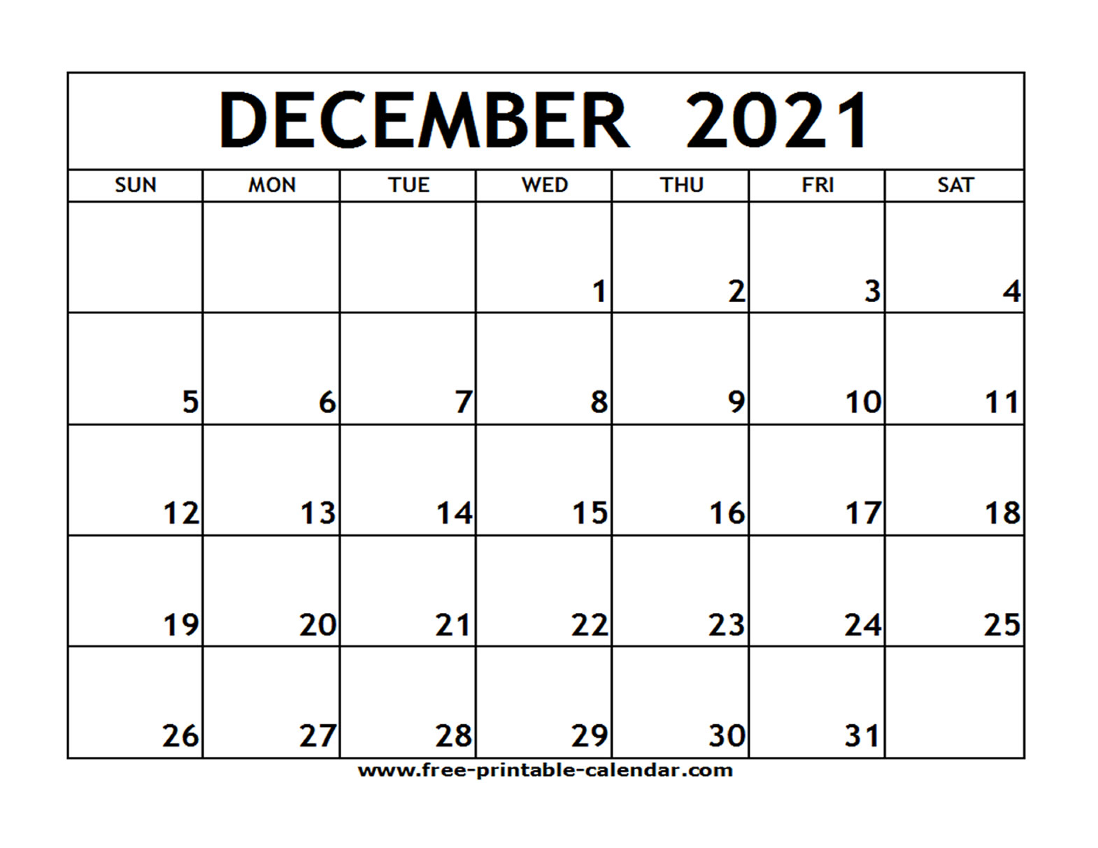 Dec 2021 Printable Calendar Free Printable Calendar