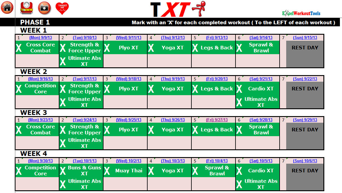 excel spreadsheet workout calendar exercise tracker tool for tapout xt ebay