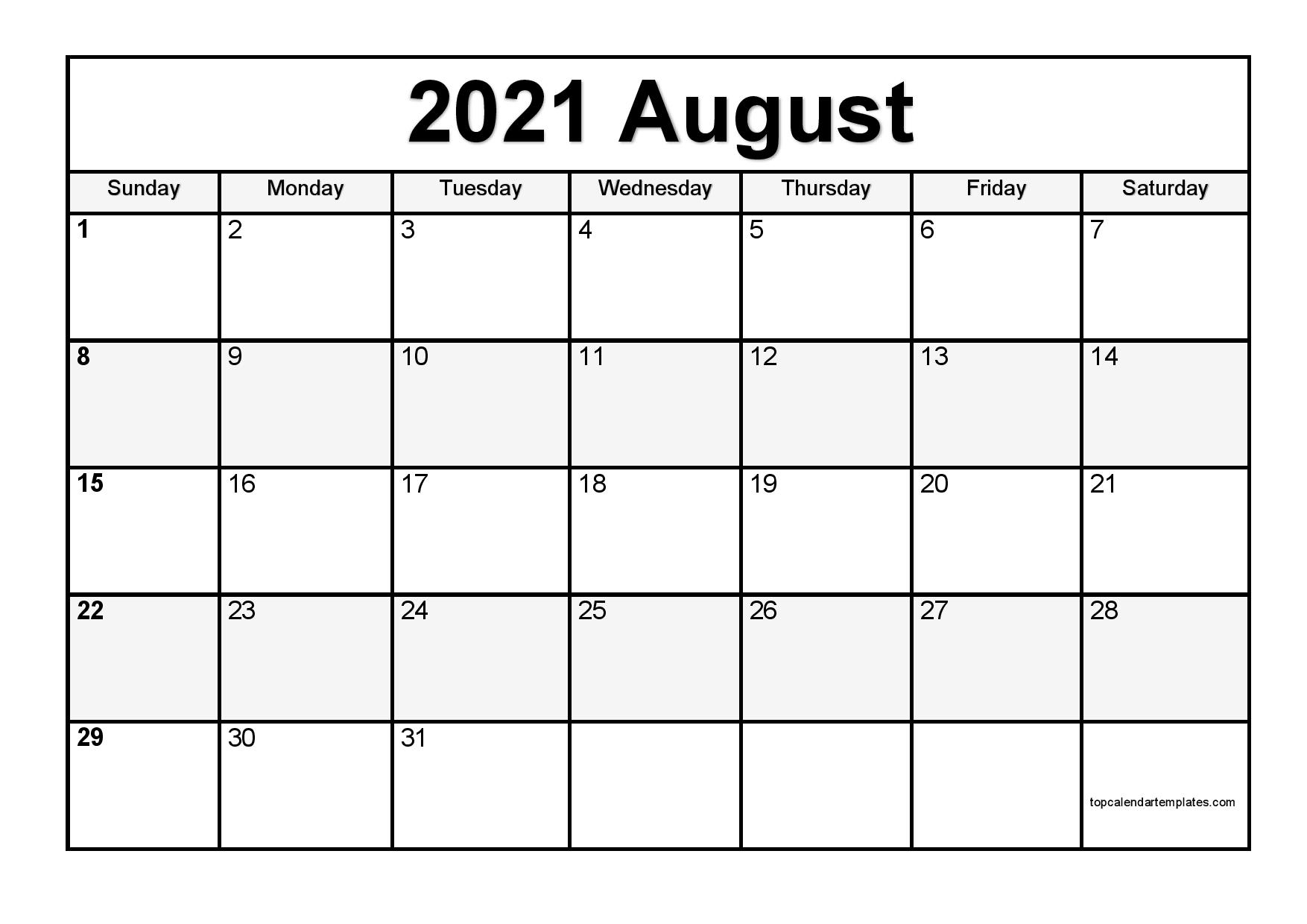 Free August 2021 Printable Calendar Monthly Templates