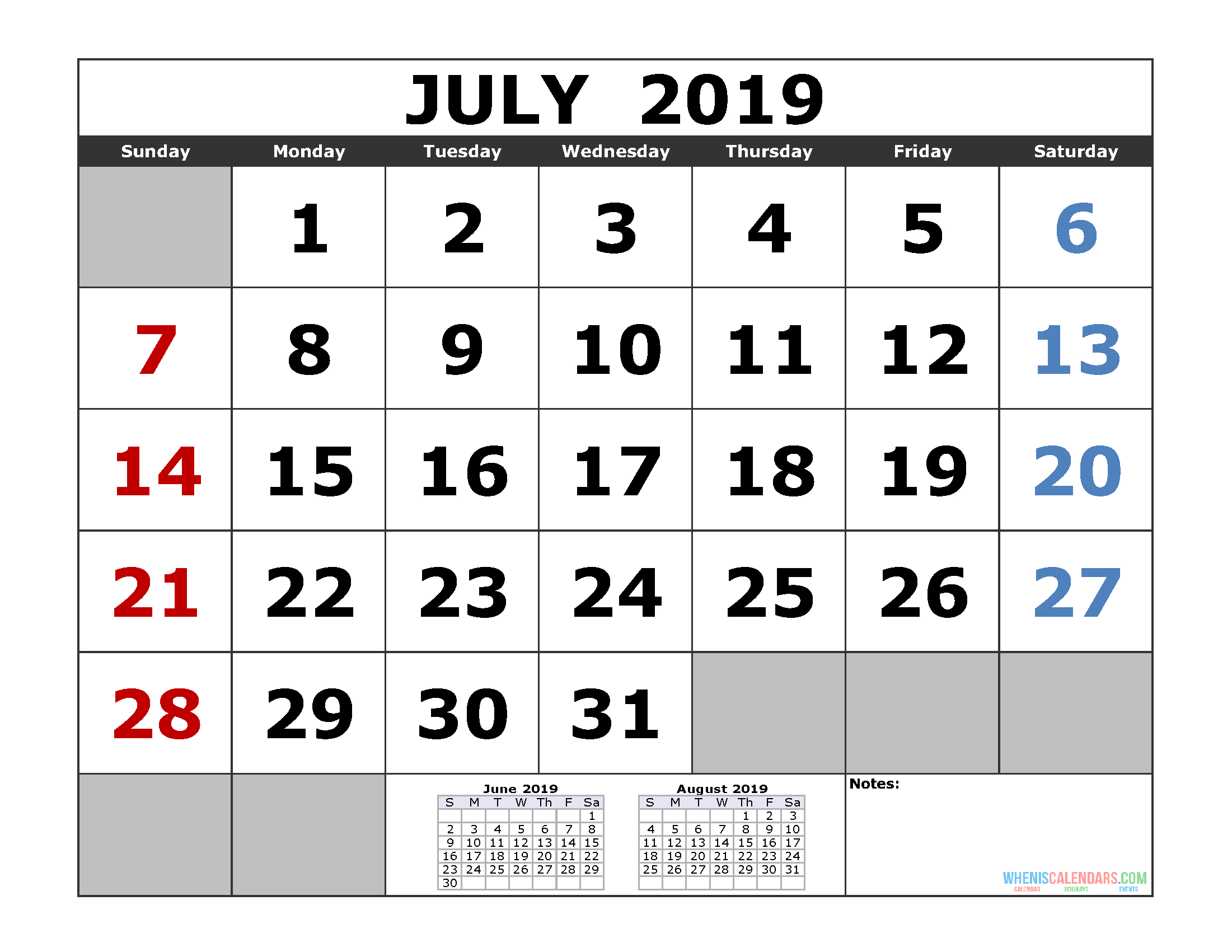 free july 2019 printable calendar templates us edition
