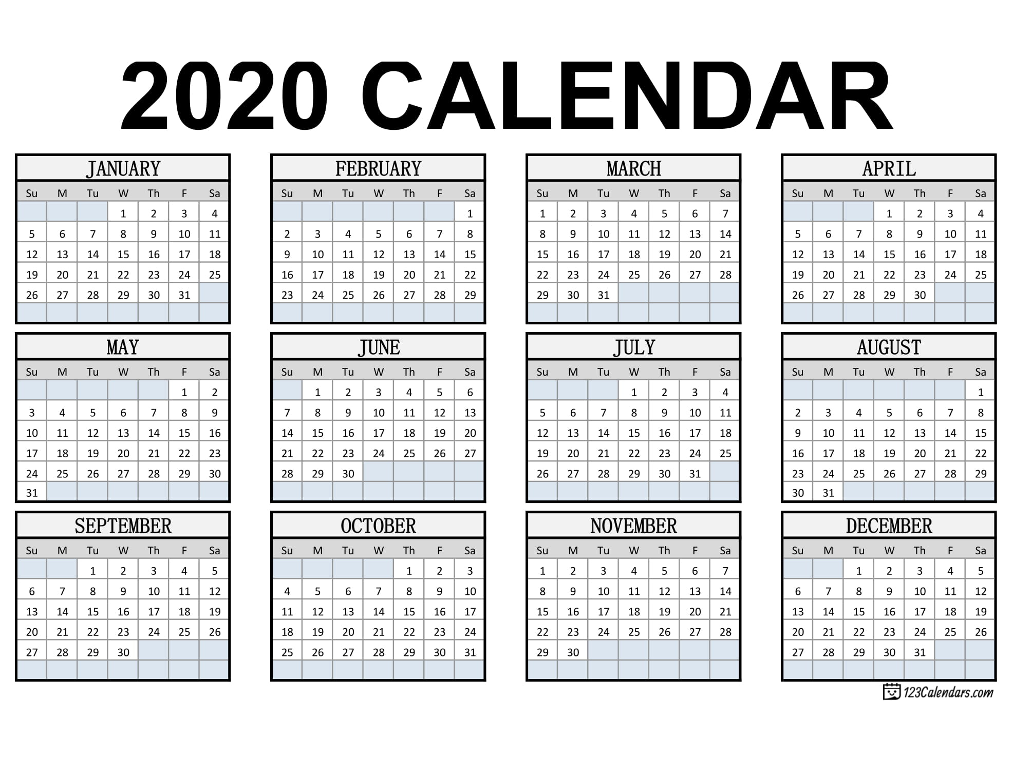 Free Printable 2020 Calendar 123calendars