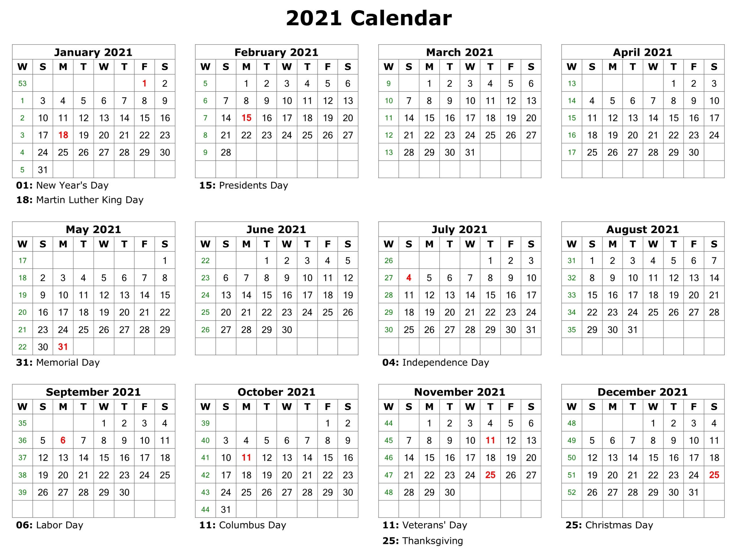 free printable 2021 calendar with holidays in word free