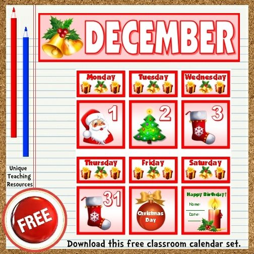Free Printable December Classroom Calendar For School Teachers