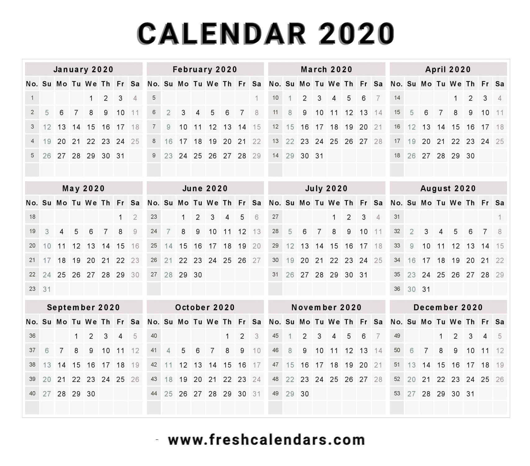 Free Printable Year 2020 Calendar
