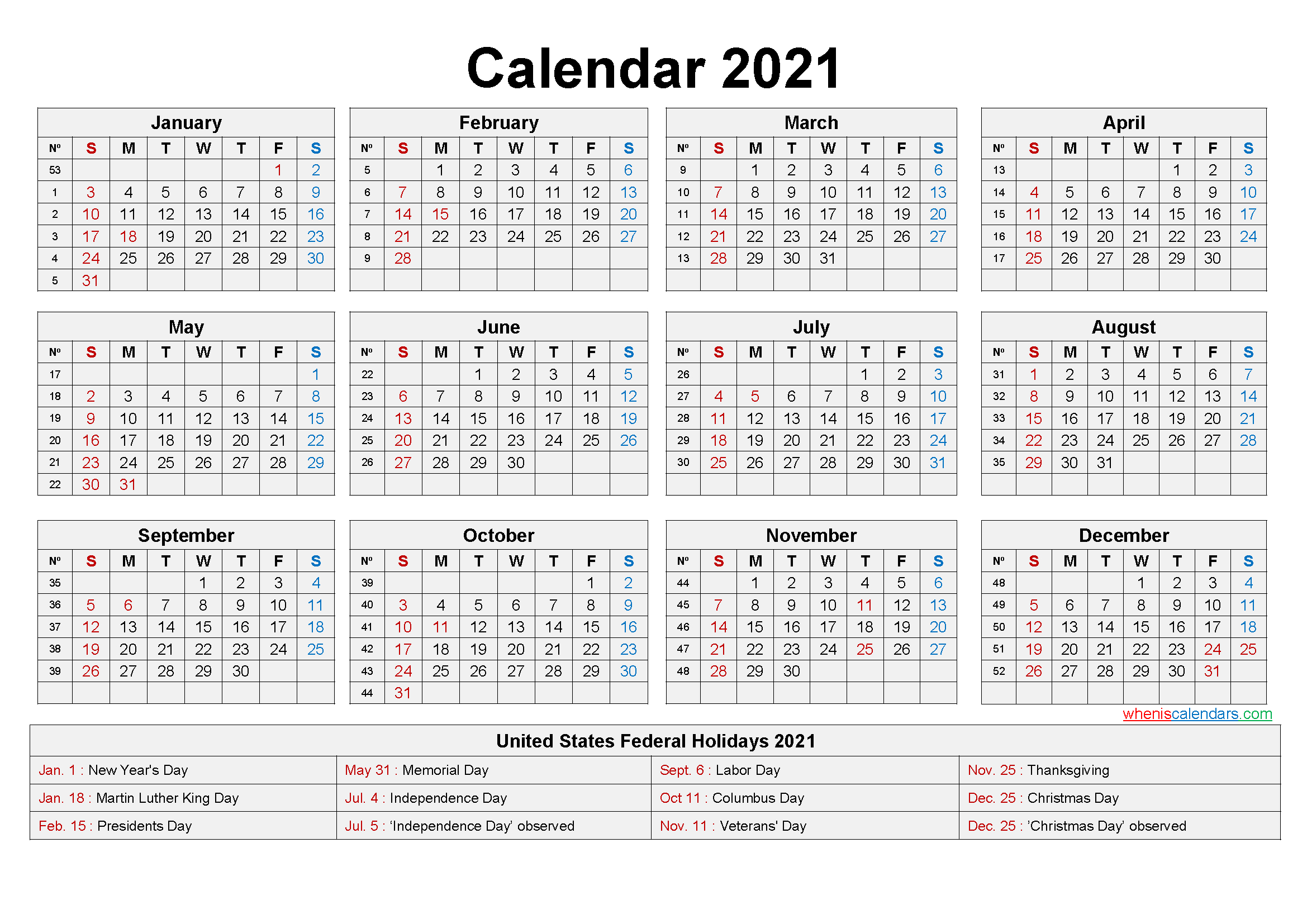 Free Printable Yearly 2021 Calendar With Holidays As Word 1