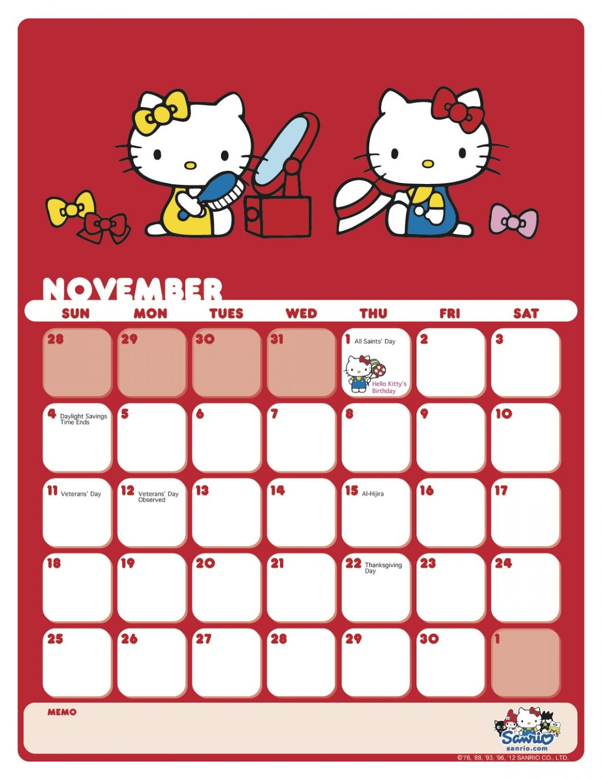 I Love Kawaii Sanrio November 2012 Calendar Calendar