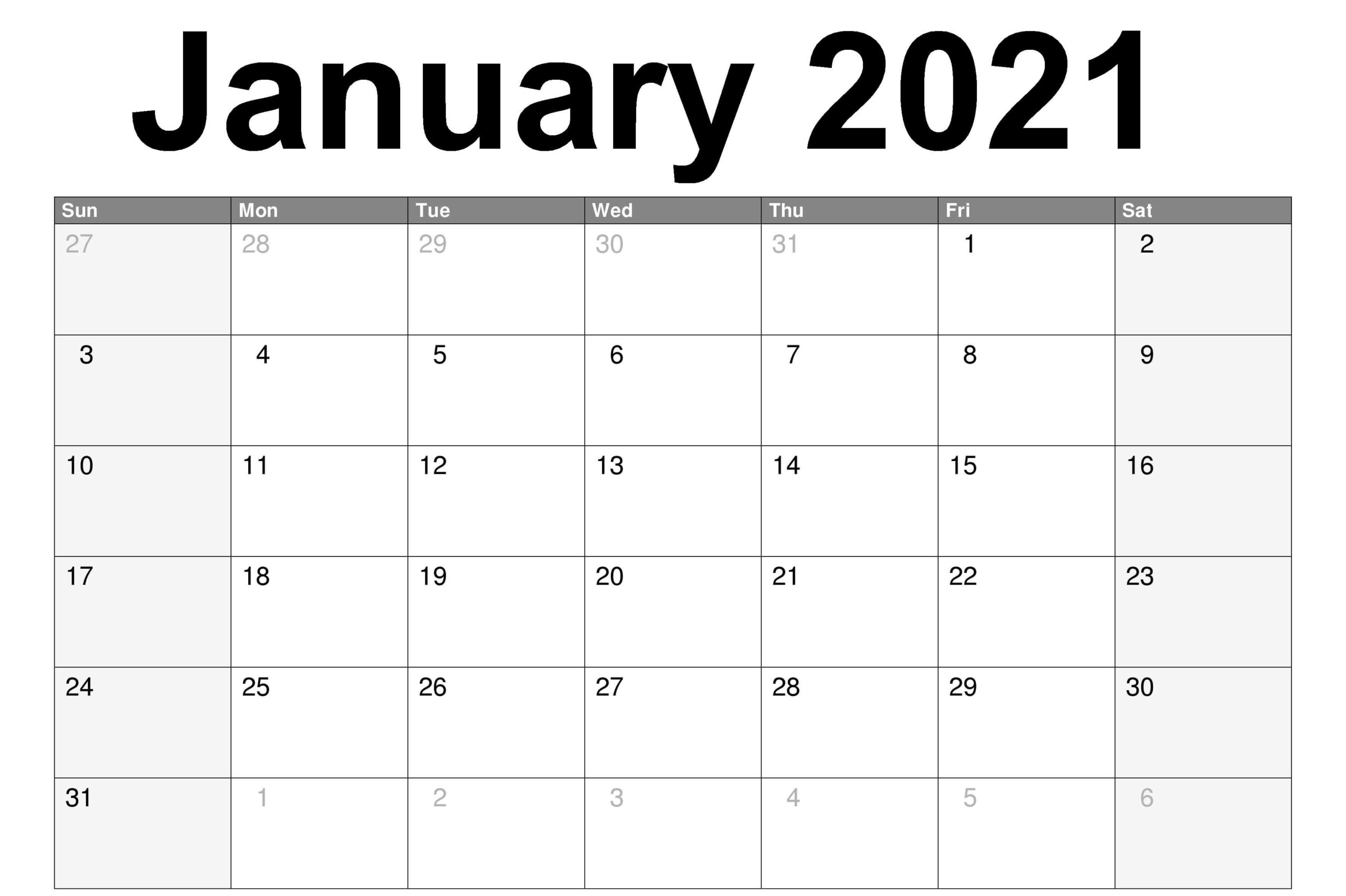 January 2021 Blank Monthly Calendar Calendars Free Print
