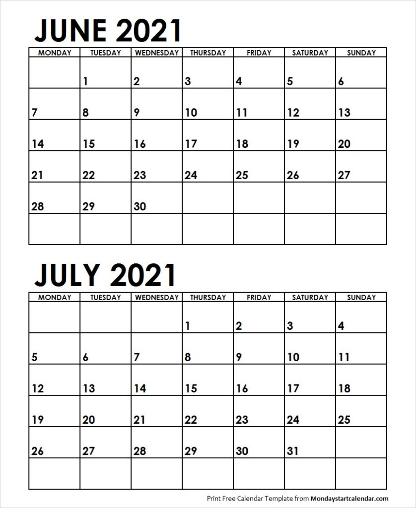 Jun Jul 2021 Calendar Monday Start Editable Two Months