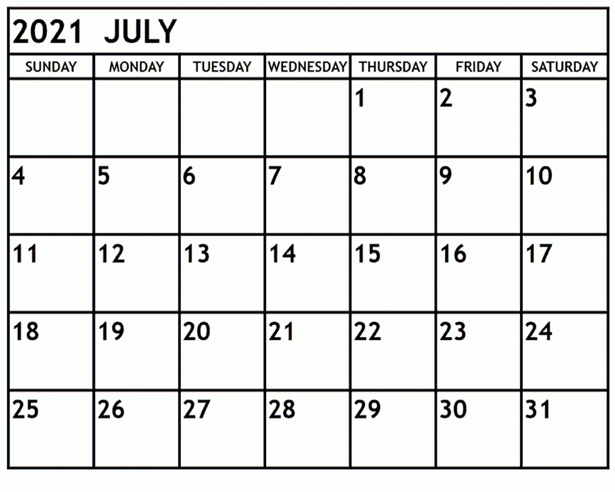 Month Of July 2021 Printable Calendar Free Printable