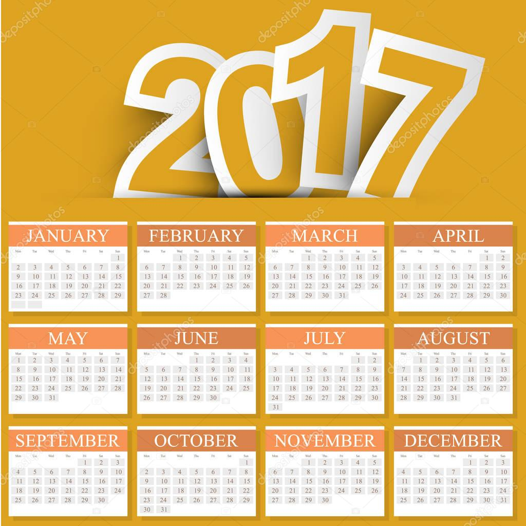 Orange Colors Full Calendar Year 2017 Week Starts Sunday Stock Vector Kasheev 131038816