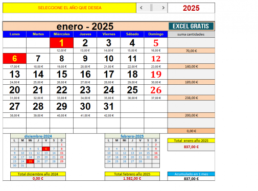 Plantilla Calendario Anual Con Cantidades Excel Gratis