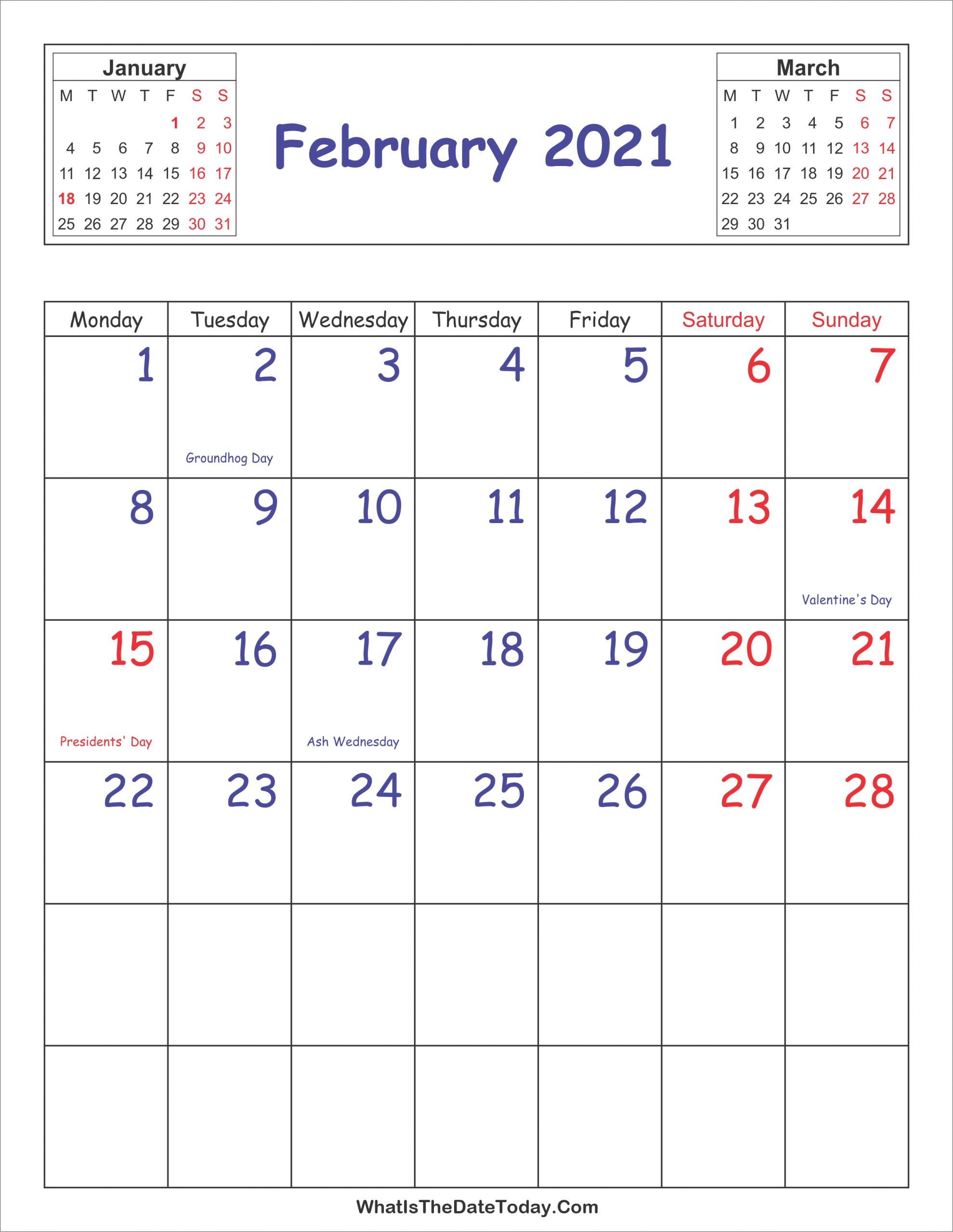 printable 2021 calendar february vertical layout
