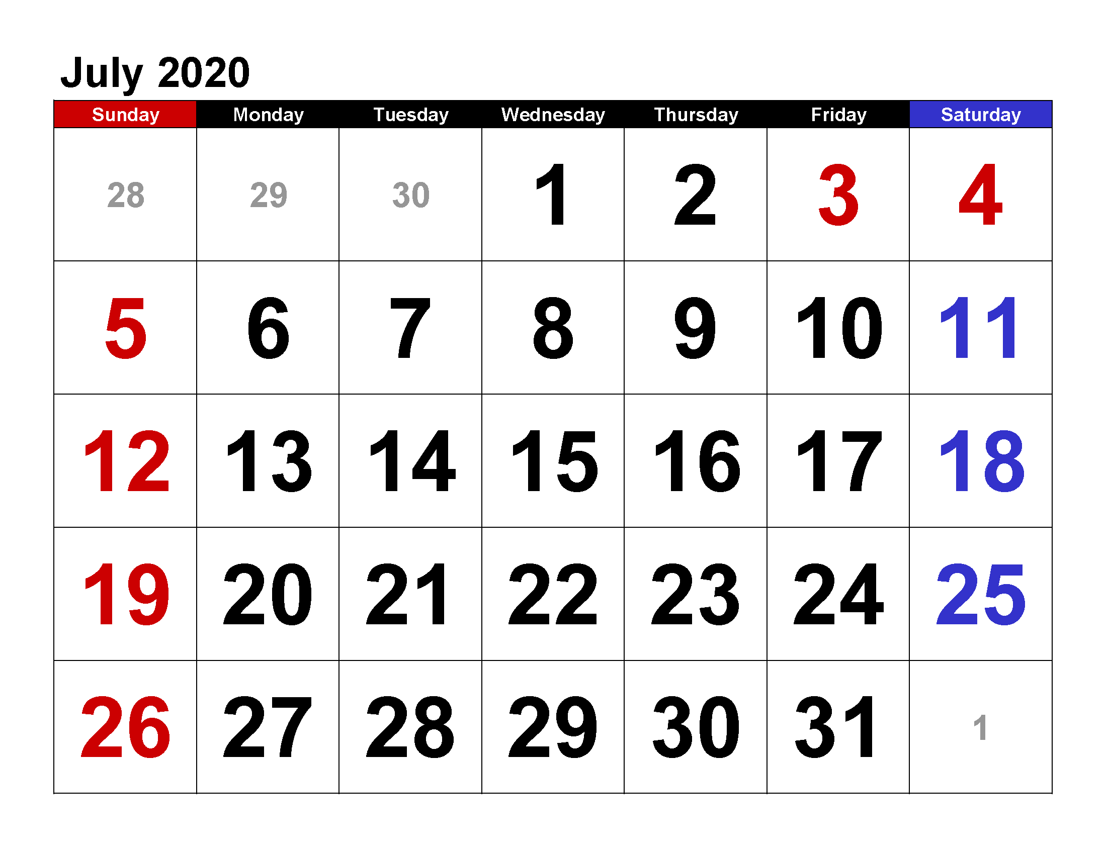 Printable Calendar Template July 2020 Calendar Large