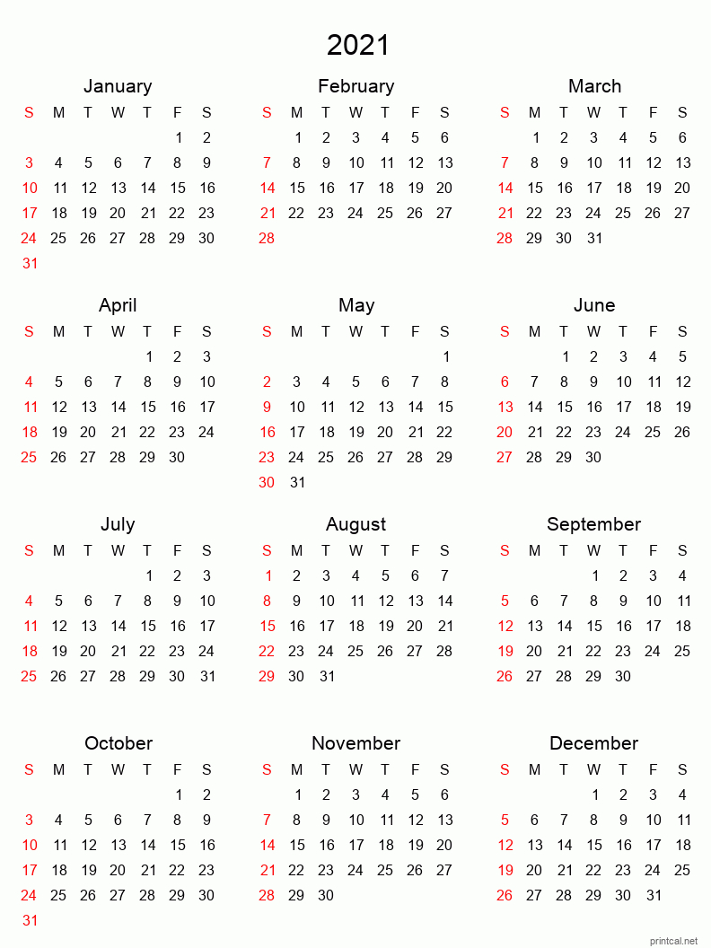Printable Yearly Calendar 2021 Full Year Free Printable