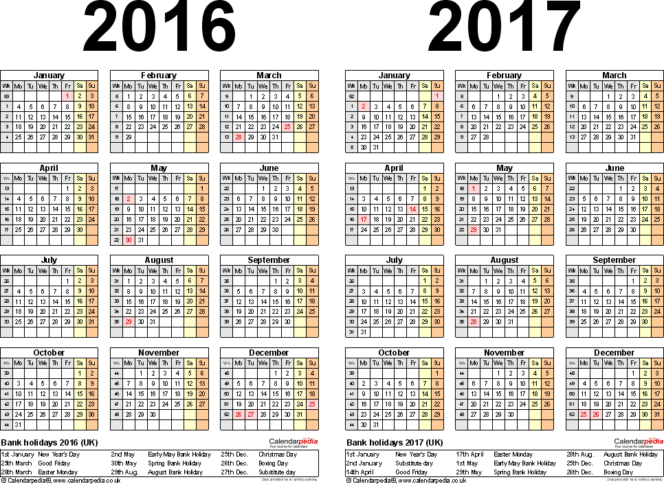 Two Year Calendars For 2016 2017 Uk For Excel