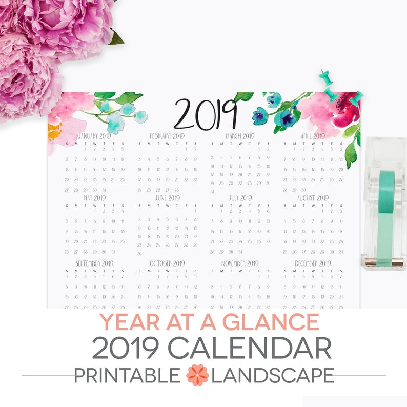 year at a glance calendar 2019 printable letter size etsy