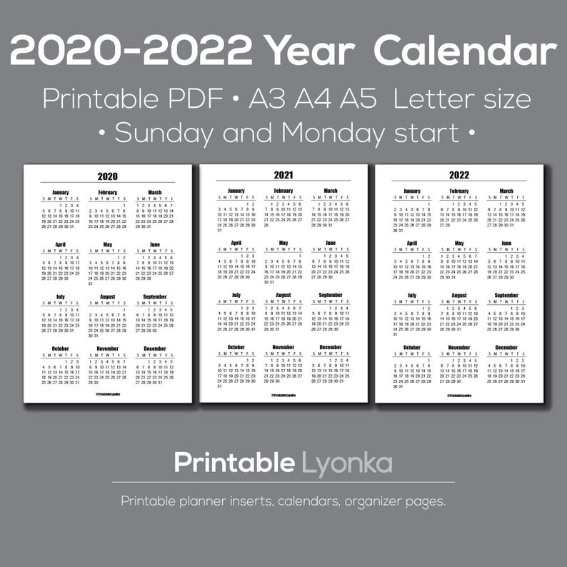 2020 2021 2022 yearly calendar printable pdf a3 a4 a5 etsy