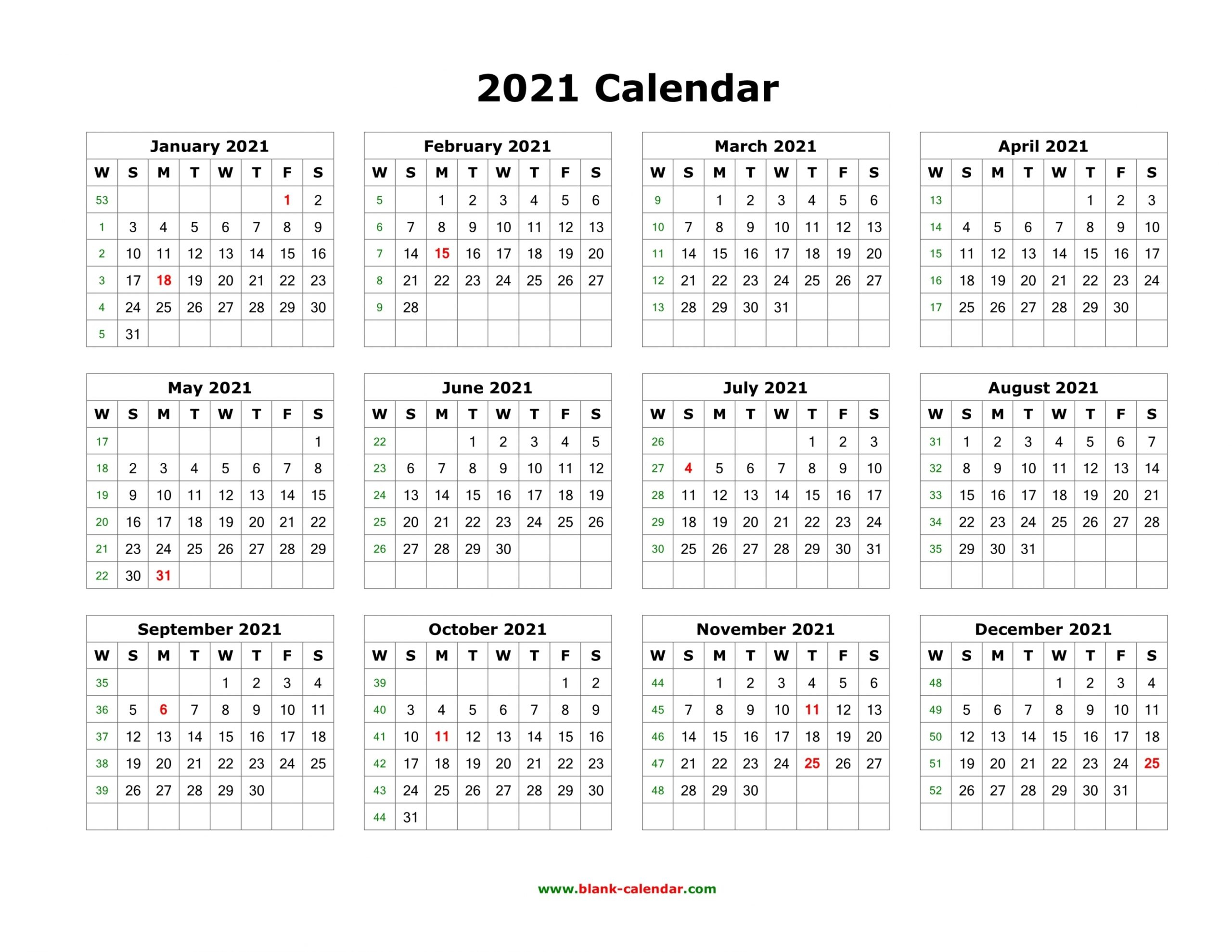 2021 Calendar One Page Template Free Letter Templates