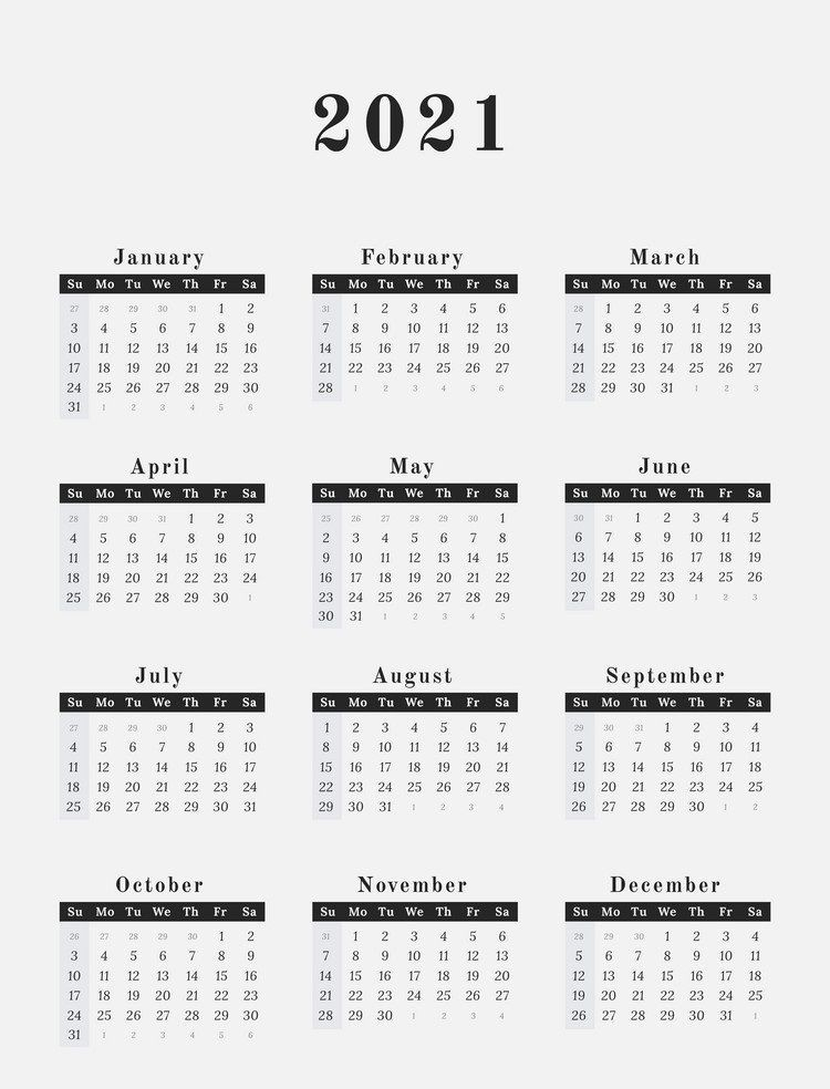 2021 Calendar Printable 12 Months All In One Calendar