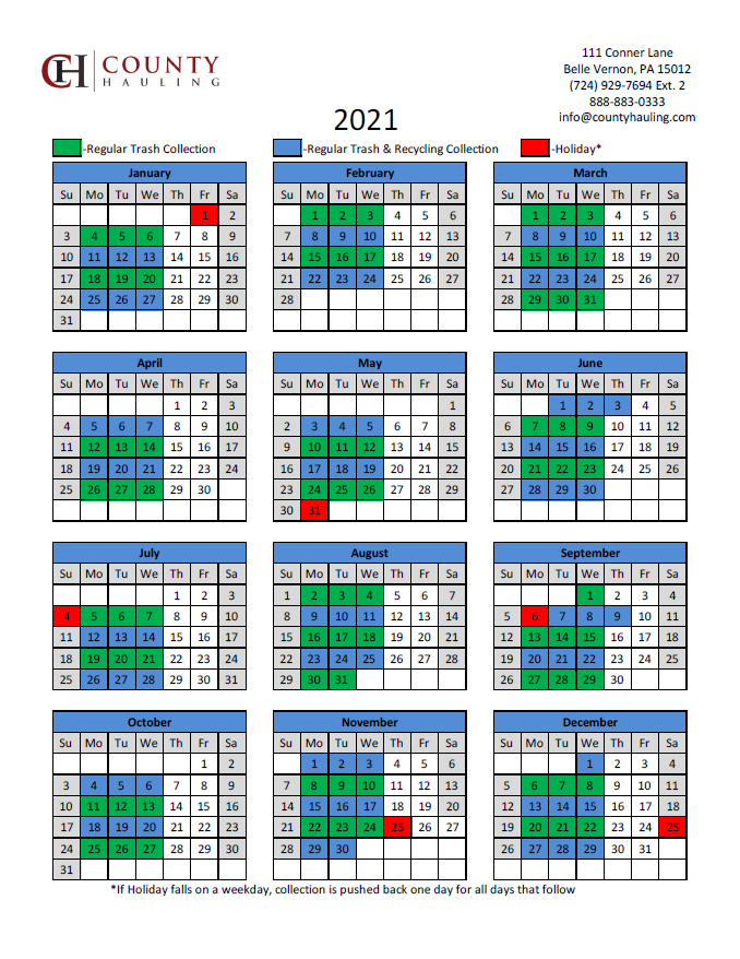 2021 County Hauling Recycling Holiday Calendar