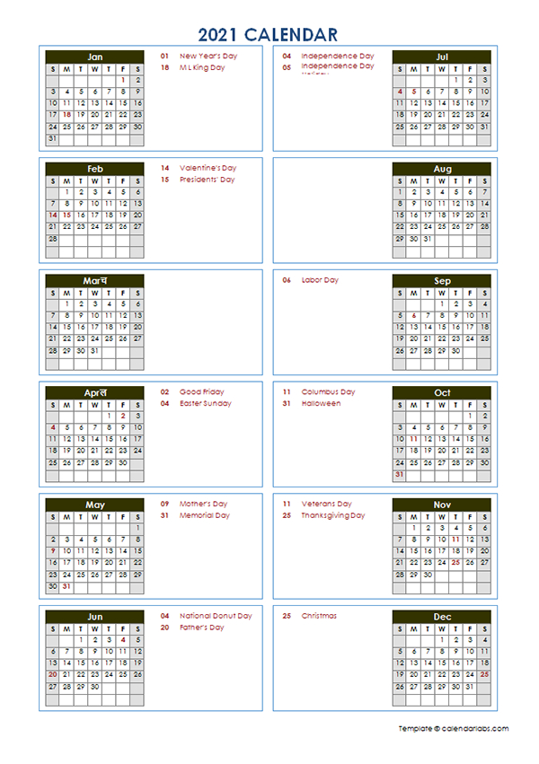 2021 yearly calendar template vertical design free