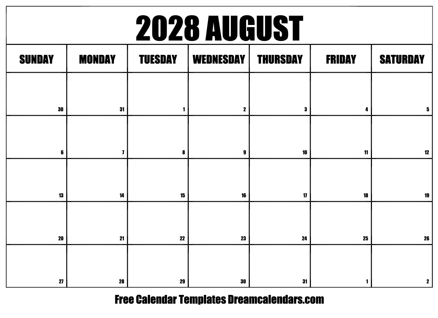 August 2028 Calendar Free Blank Printable Templates
