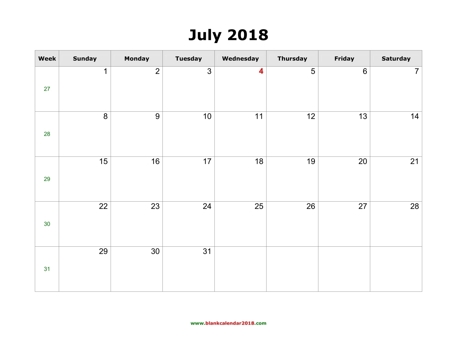 Blank Calendar July 2018 Landscape