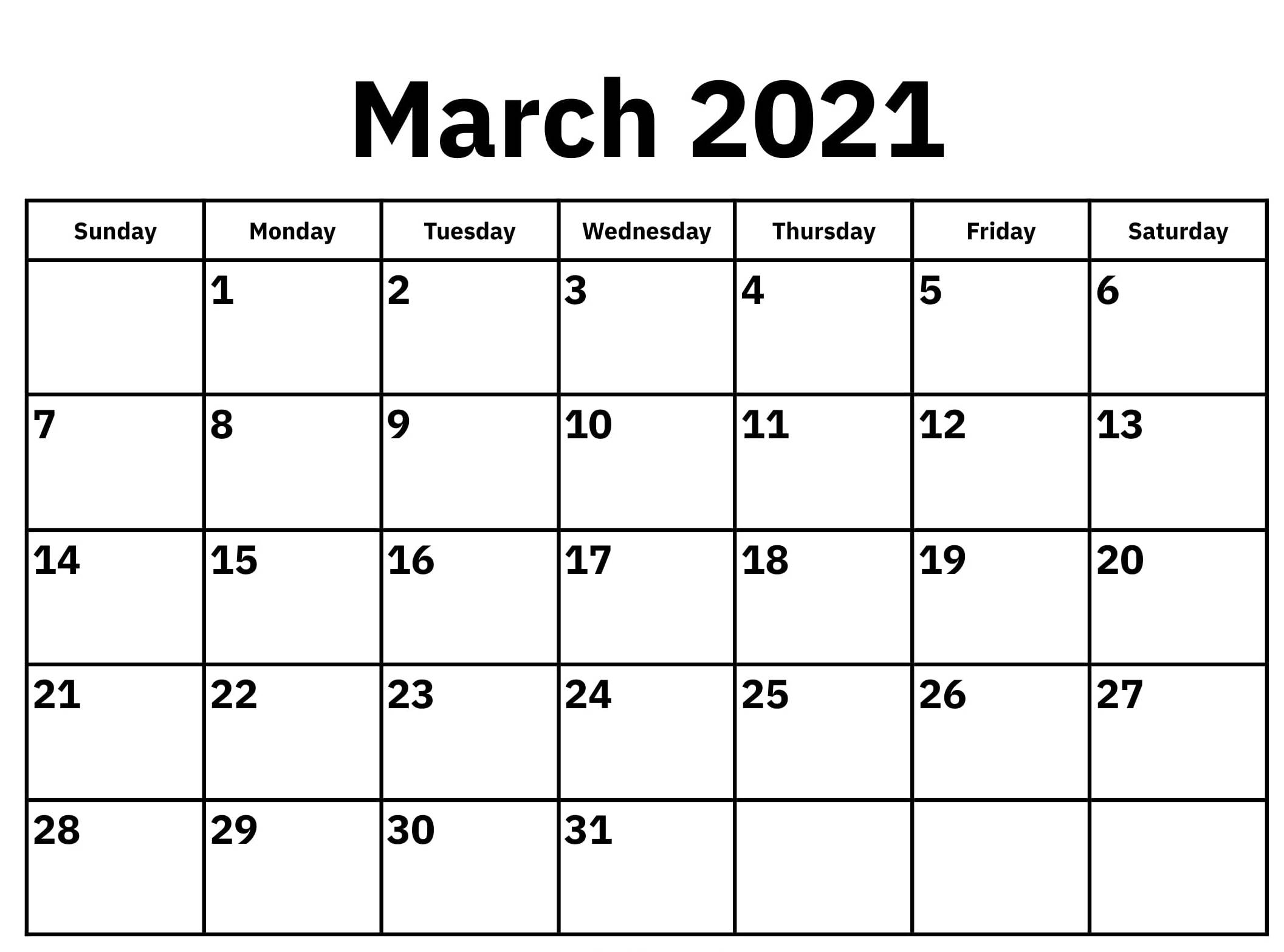 Blank March 2021 Calendar Printable Paper Sheets One